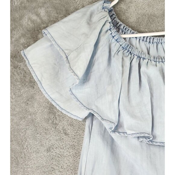 Sneak Peak Dress Womens Small Light Blue Chambray Off the Shoulder Casual Mini - Picture 9 of 11